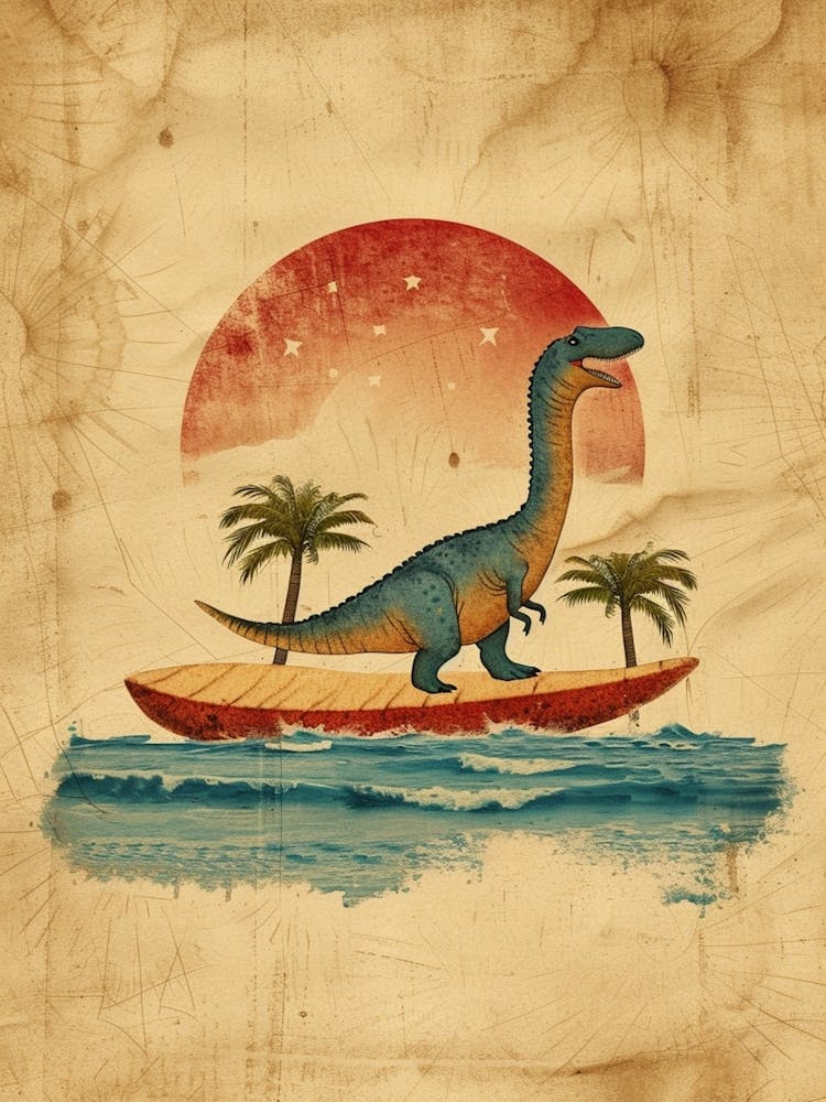 Vintage Maiasaura Dinosaur On A Surf Board   2