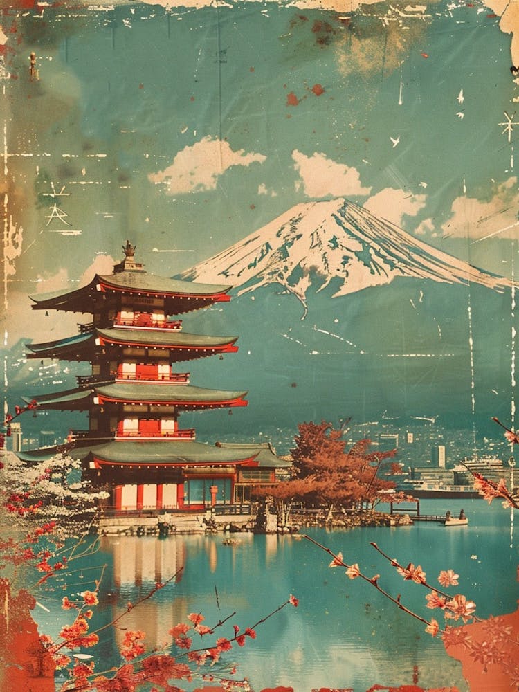 Mount Fuji Sakura Mid Century Modern