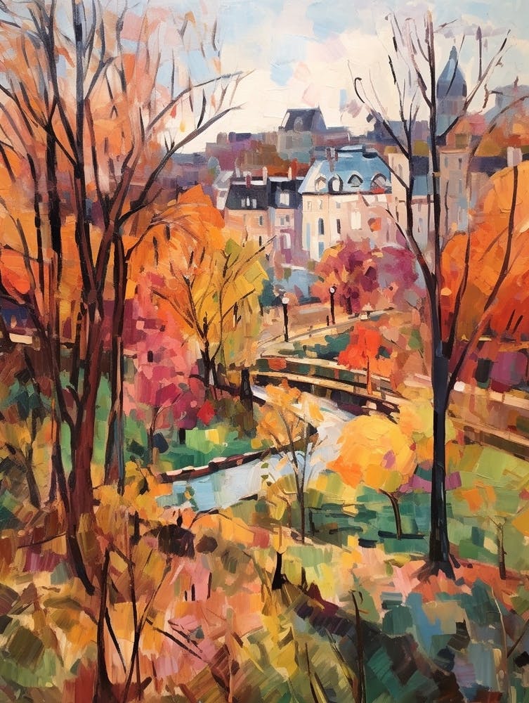 Autumn City Park Painting Parc Des Buttes Chaumont Paris France 4
