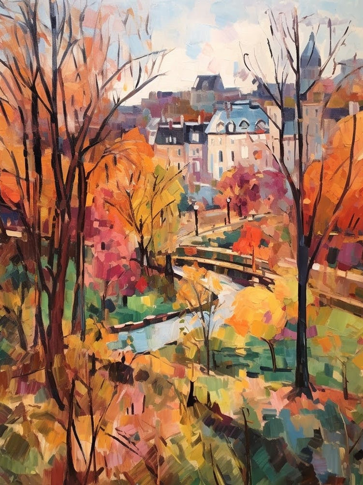 Autumn City Park Painting Parc Des Buttes Chaumont Paris France 4