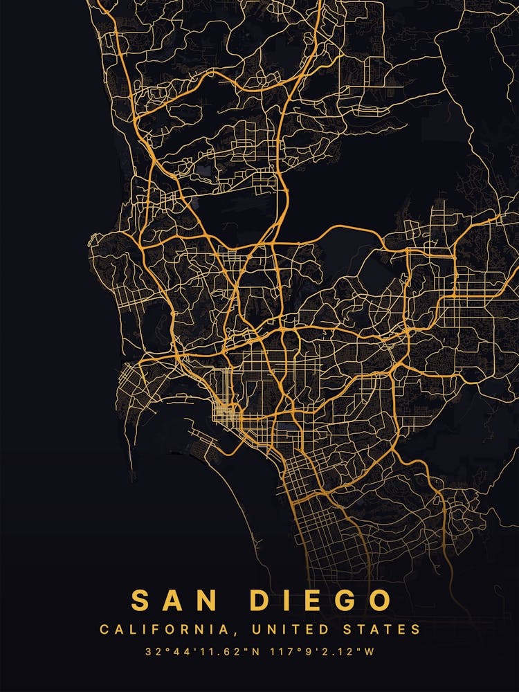 San Diego California USA Black And Gold Map