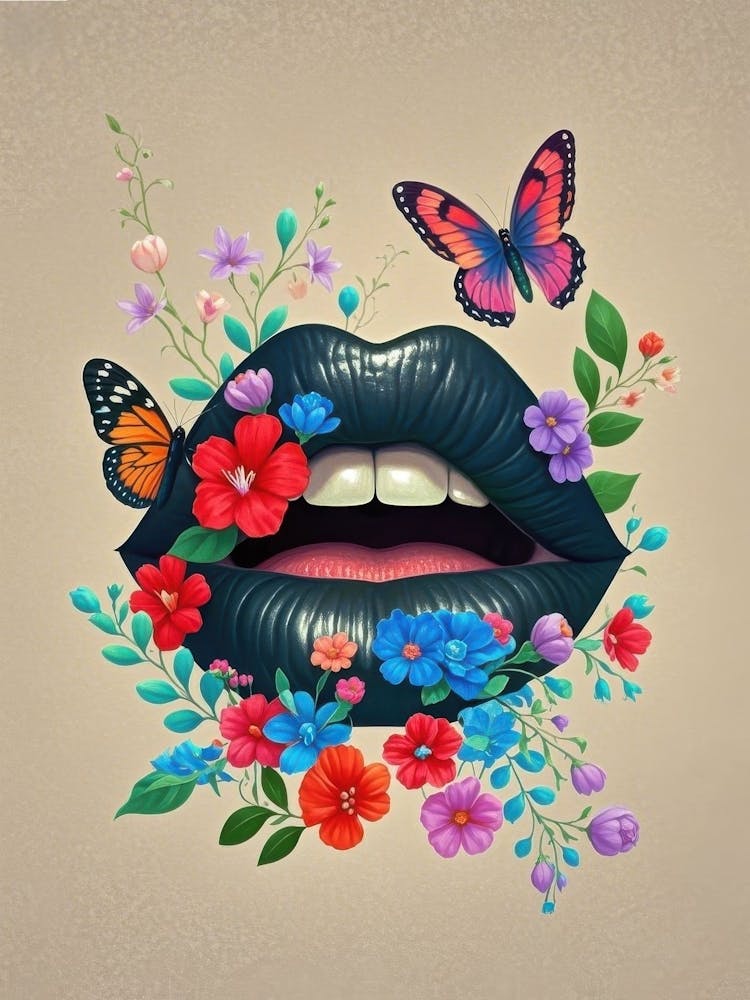 Lips With Flowers And Butterflies 1