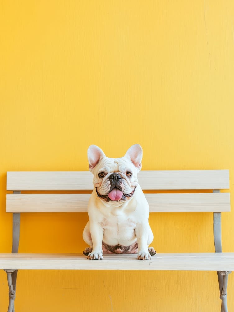 Bulldog Sitting Upright On A Light Wooden Bench Generated with AI