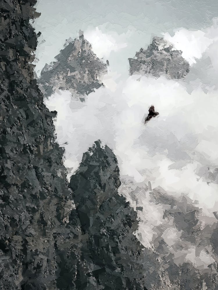Eagle Flies Between Clouds And Rocks Oil Painting Landscape