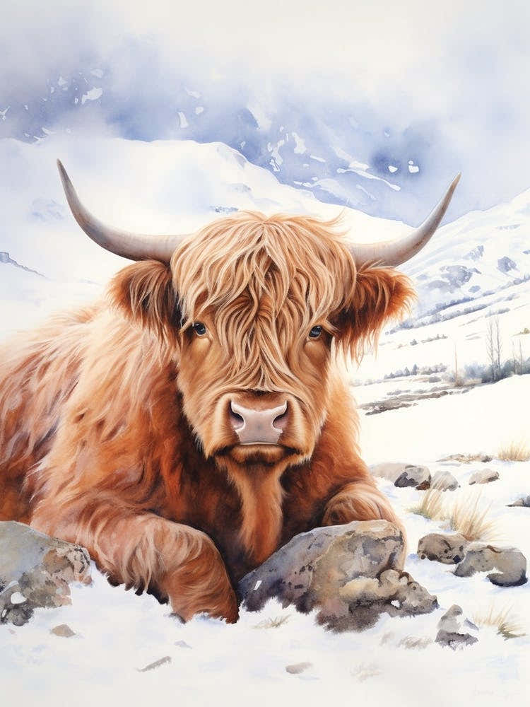 Watercolour Of Highland Cow Lying In The Snow