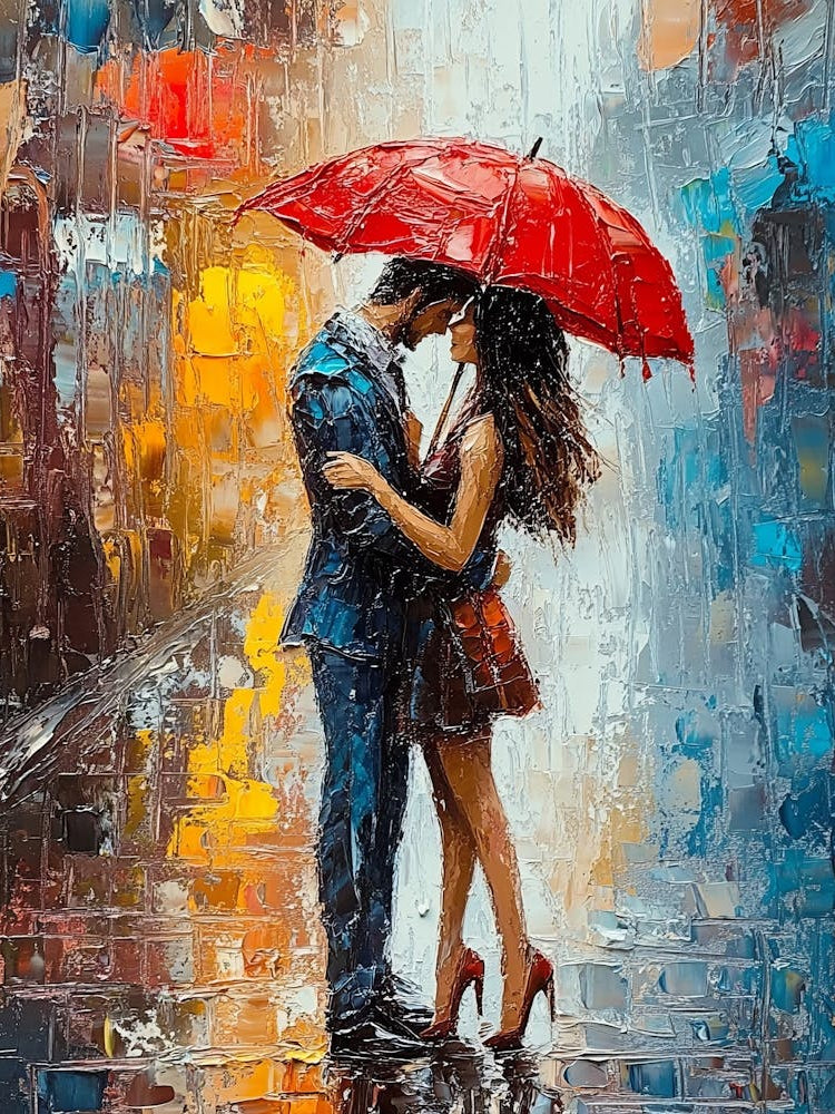 Colorful Impasto Painting Of A Couple Under A Red Umbrella On A Rainy Street