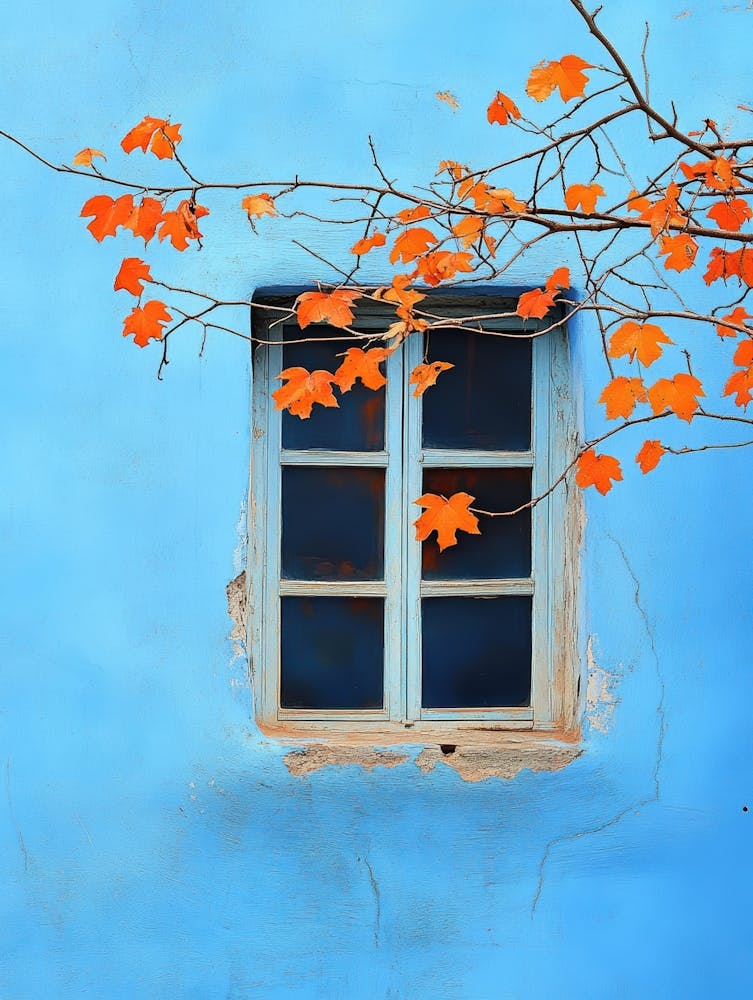 Autumn Leaves On A Blue Wall