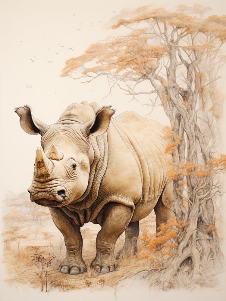 Rhino By The Trees Vintage Illustration 2