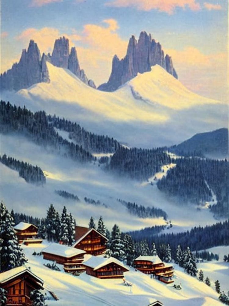 Selva Val Gardena, Italy Ski Resort Vintage Landscape 2 Skiing Poster