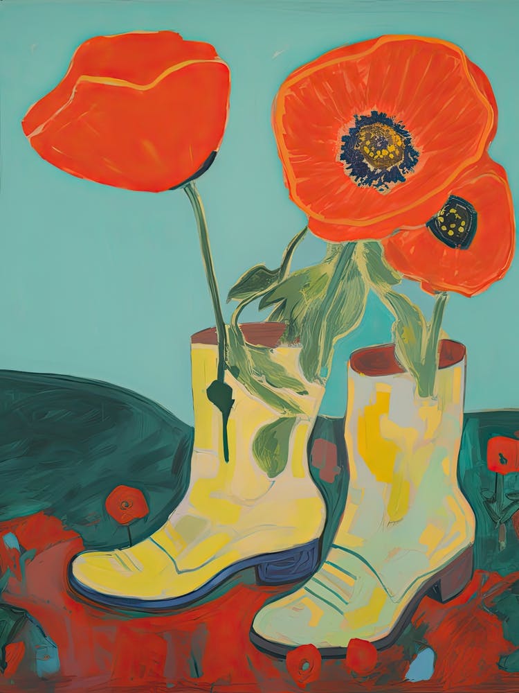 Painting Of Red Flowers And Cowboy Boots, Oil Style 5