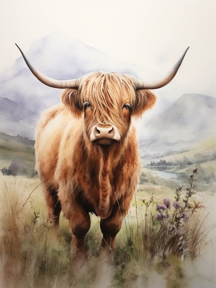 Curious Highland Cow In Field With Rolling Hills Watercolour 4