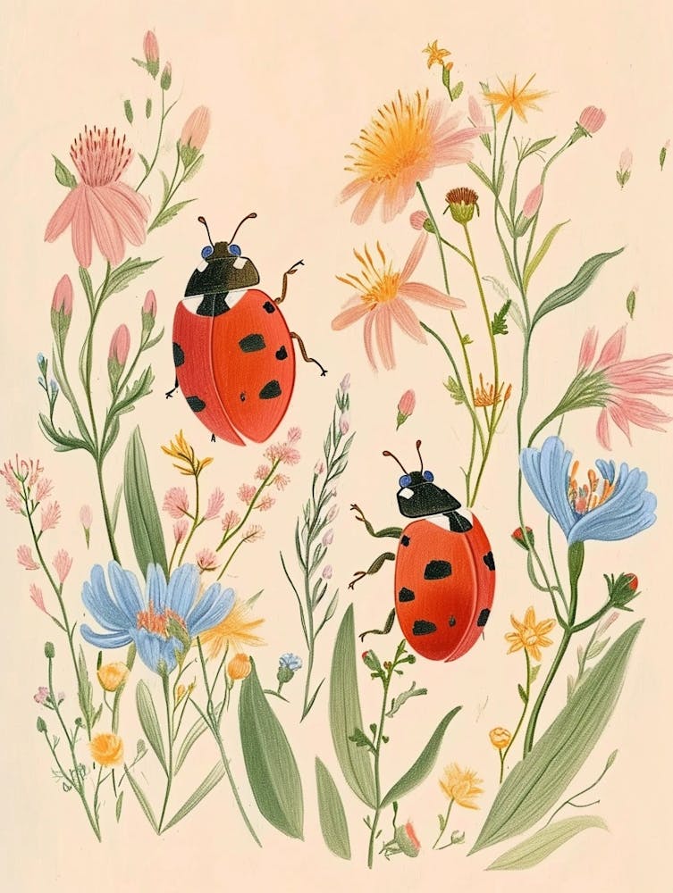 Folksy Floral Animal Drawing Ladybug 2