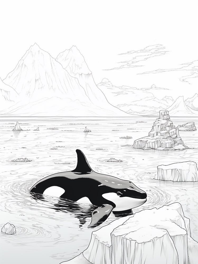 Iceberg Orca Whale Minimalist Line Drawing