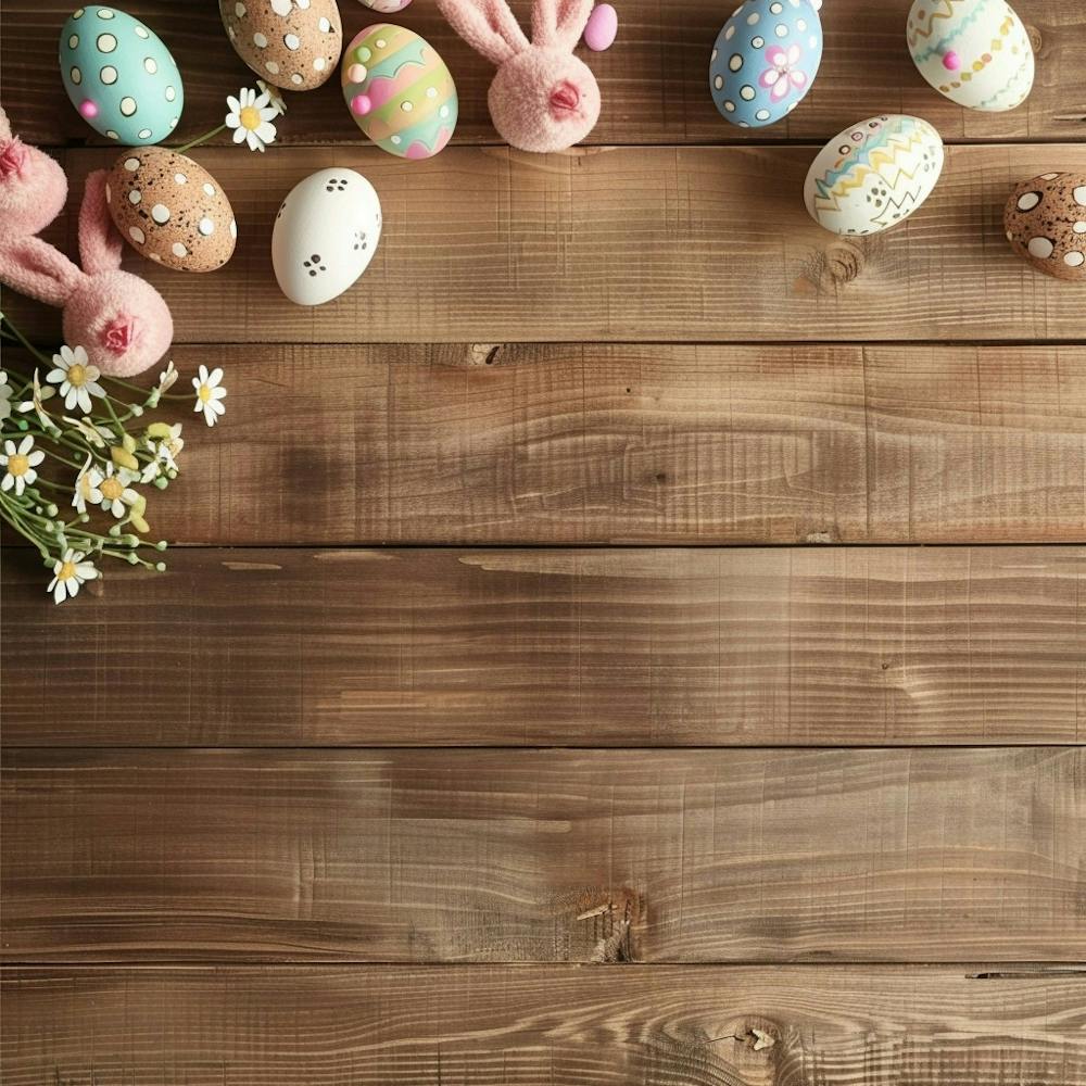 Easter Themed Wooden Table From Above Featuring Eggs