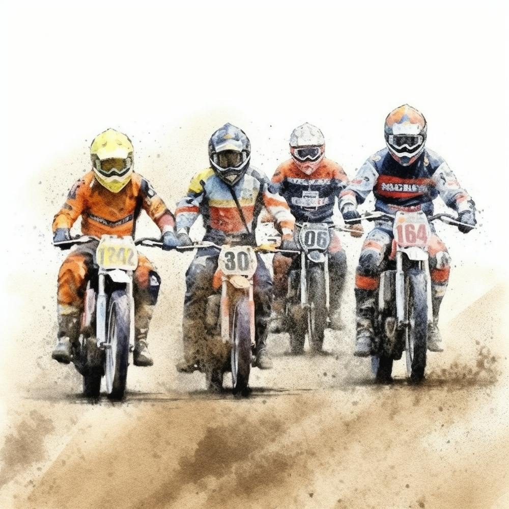 Vier Speedway-Fahrer und Motorräder