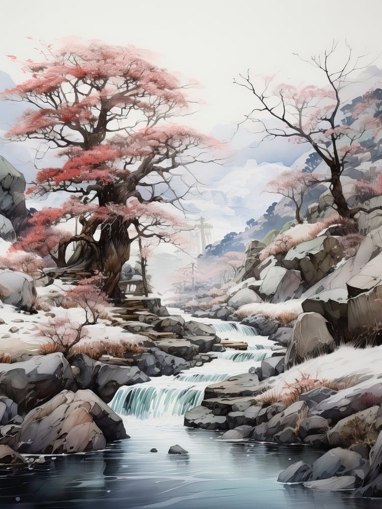 Shosenkyo Gorge In Yamanashi, Japanese Brush Painting, Ukiyo E, Minimal 3