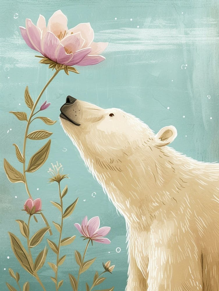Polar Bear Sniffing A Flower Storybook Illustration 2