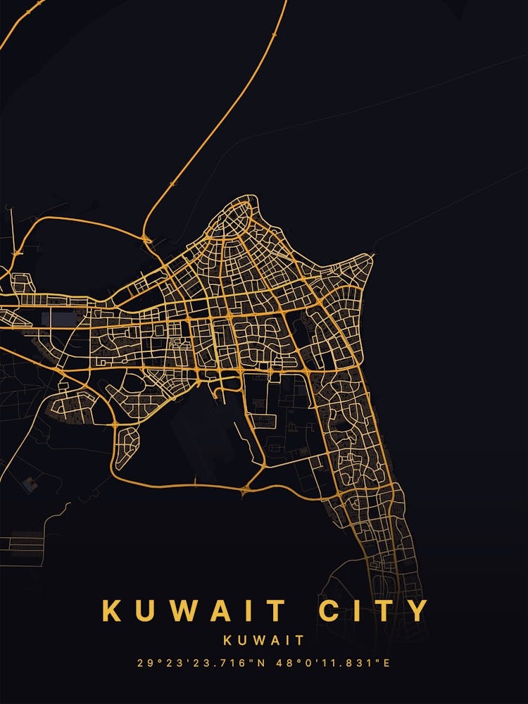 Kuwait City Kuwait Black And Gold Map