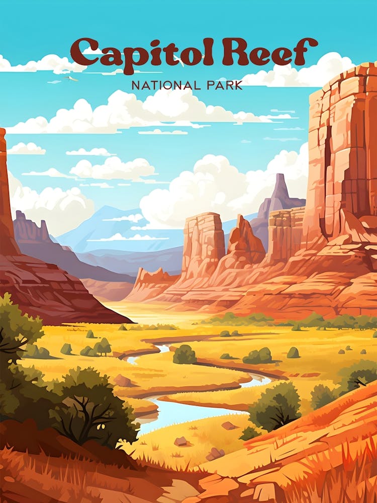 Capitol Reef National Park Camping Travel Art Illustration