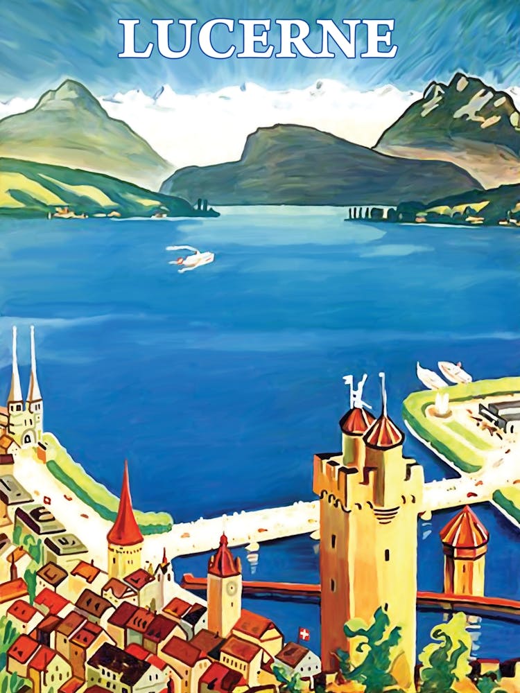 Lucerne, Switzerland, Aerial View, Travel Poster