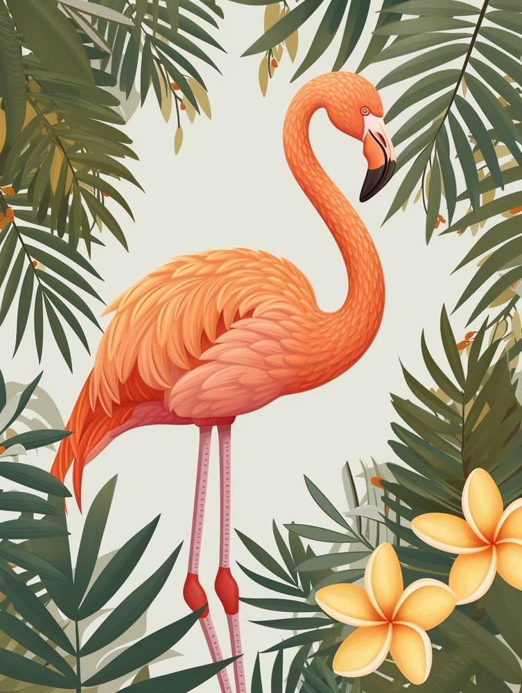 American Flamingo And Frangipani Minimalist Illustration 3
