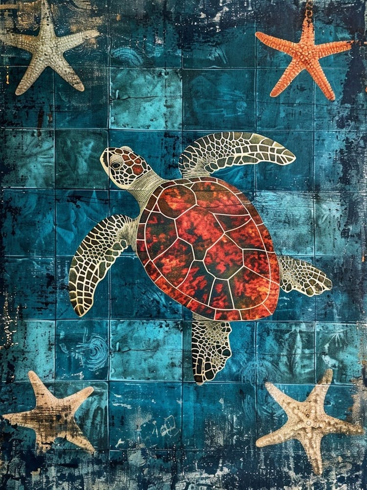 Sea Turtle & Star Fish Textured Collage 3