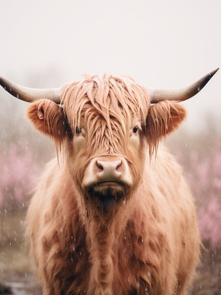 Pink Photography Style Of Highland Cow In The Rain 2