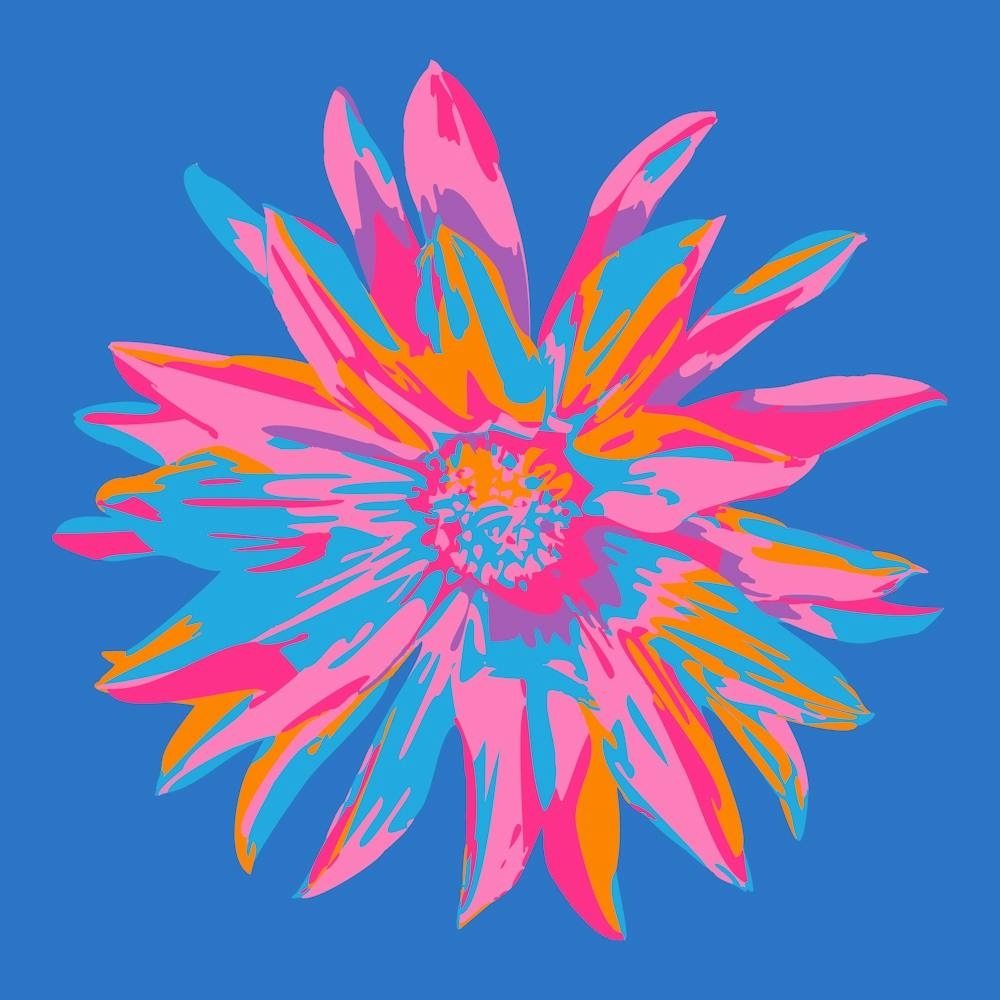 DAHLIA BURSTS Single Abstract Blooming Floral Summer Bright Flower in Fuchsia Pink Purple Blue Orange on Royal Blue