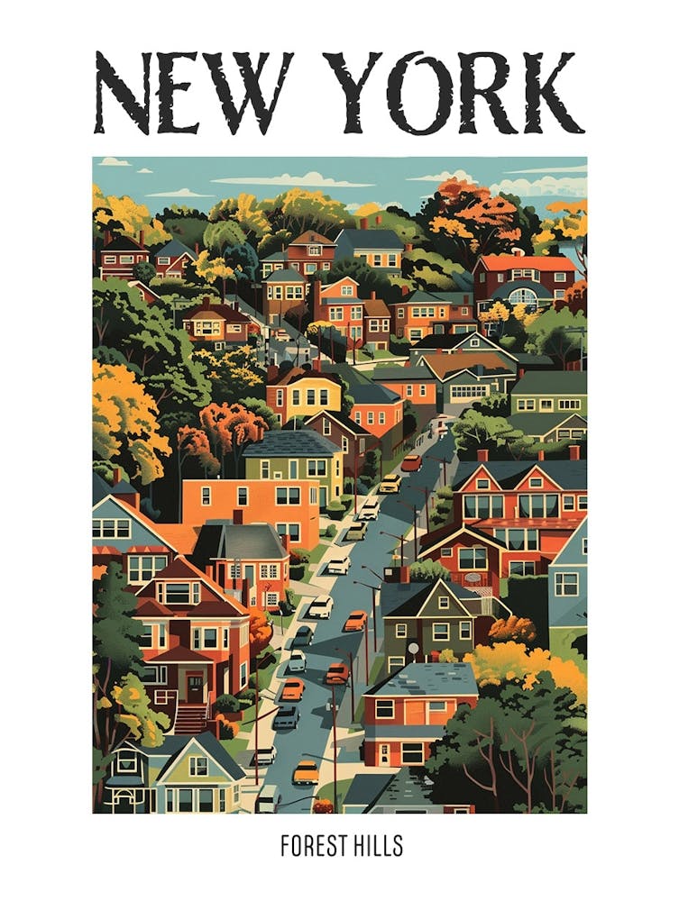 Forest Hills New York Bunte Siebdruck-Illustration 4 Poster