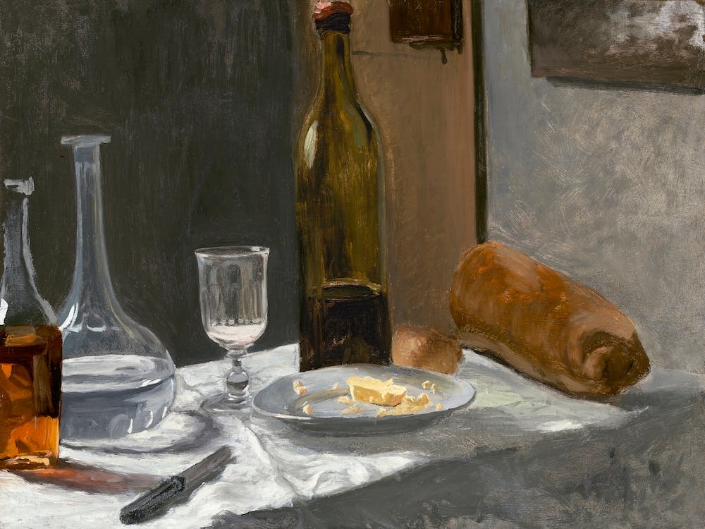 Still Life With Bottle, Carafe, Bread, And Wine (1862–1863), Claude Monet