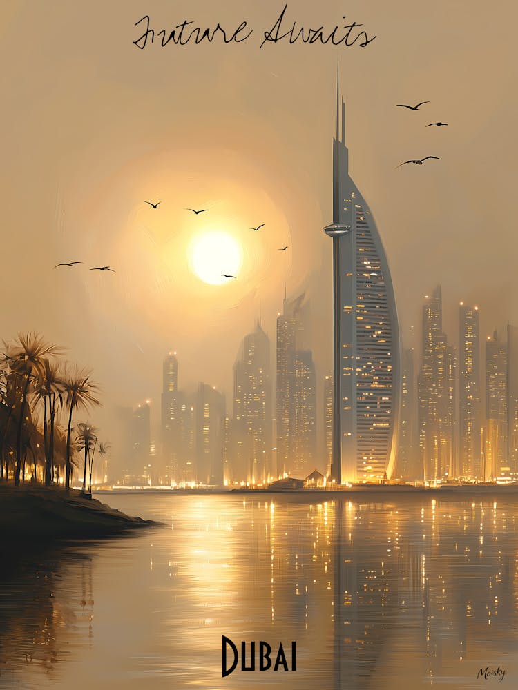 Dubai Skyline, minimalist soft tones palette, watercolor poster