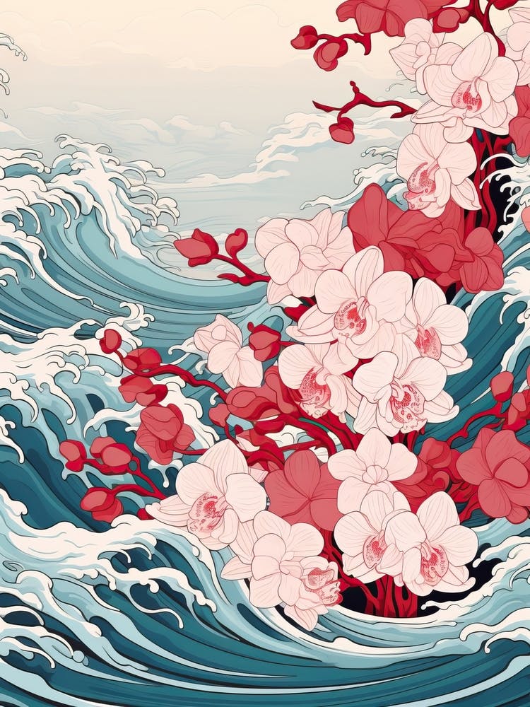 Great Wave With Orchid Flower Drawing In The Style Of Ukiyo E 3