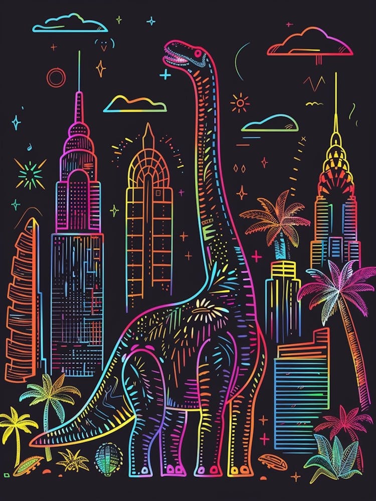 Dinosaure Néon New York Cityscape 3