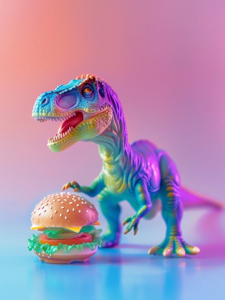 Pastel Neon Toy Dinosaur With A Hamburger