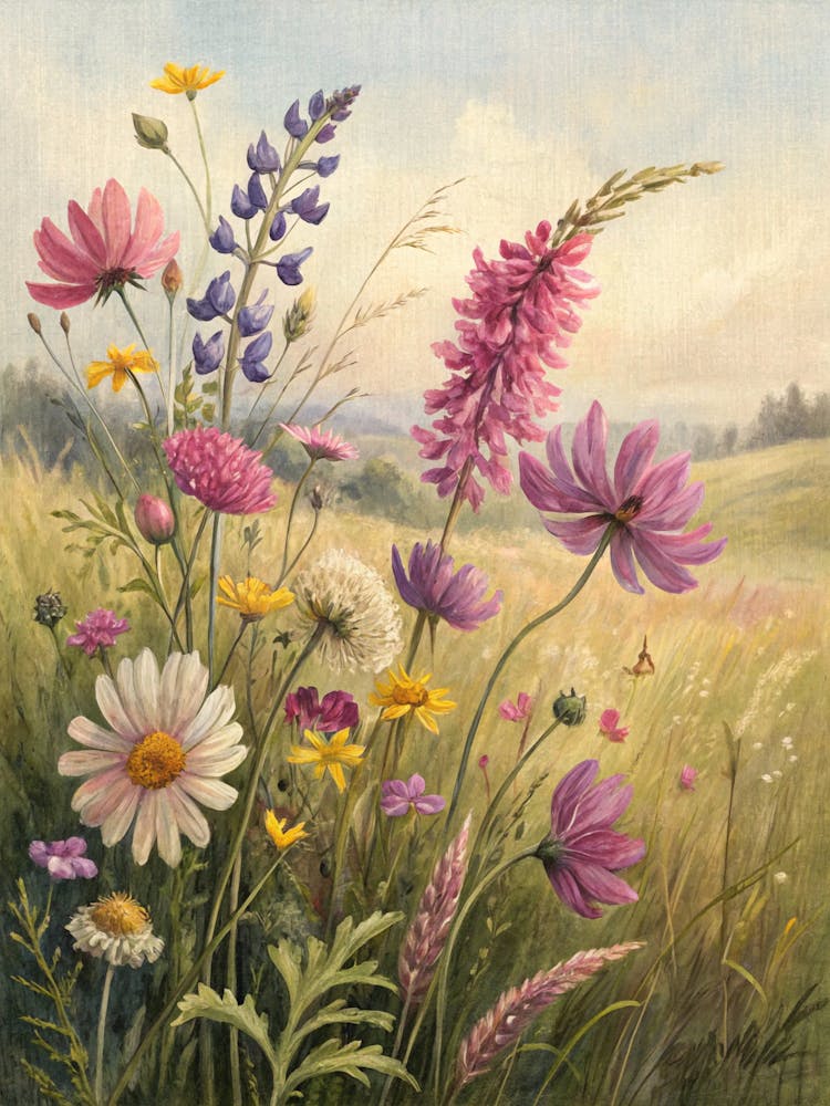 Oil Painting Style Wild Meadow Flowers On Soft Lin
