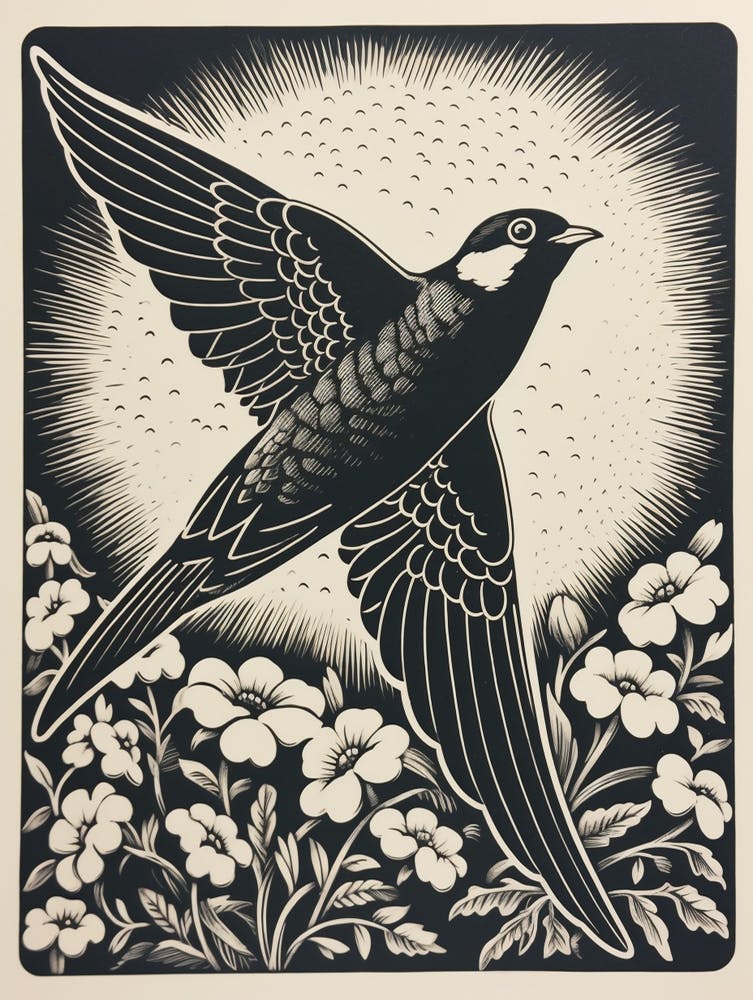B&W Bird Linocut Chimney Swift 2