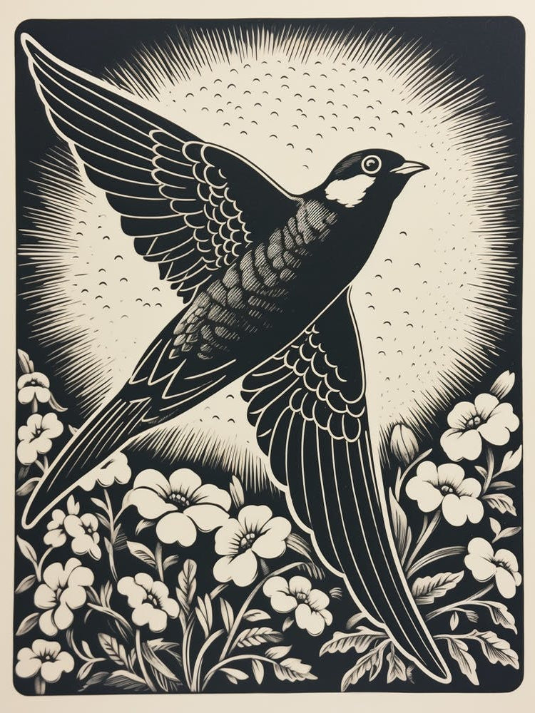 B&W Bird Linocut Chimney Swift 2