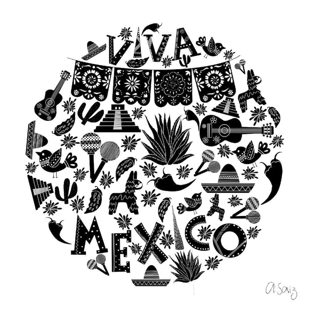Black And White Doodle Viva Mexico
