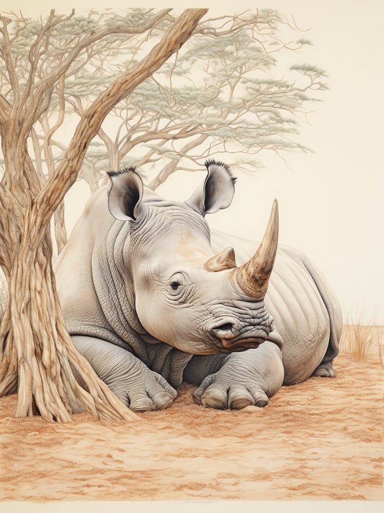 Rhino Lying Under The Tree Detailed Illustration 3