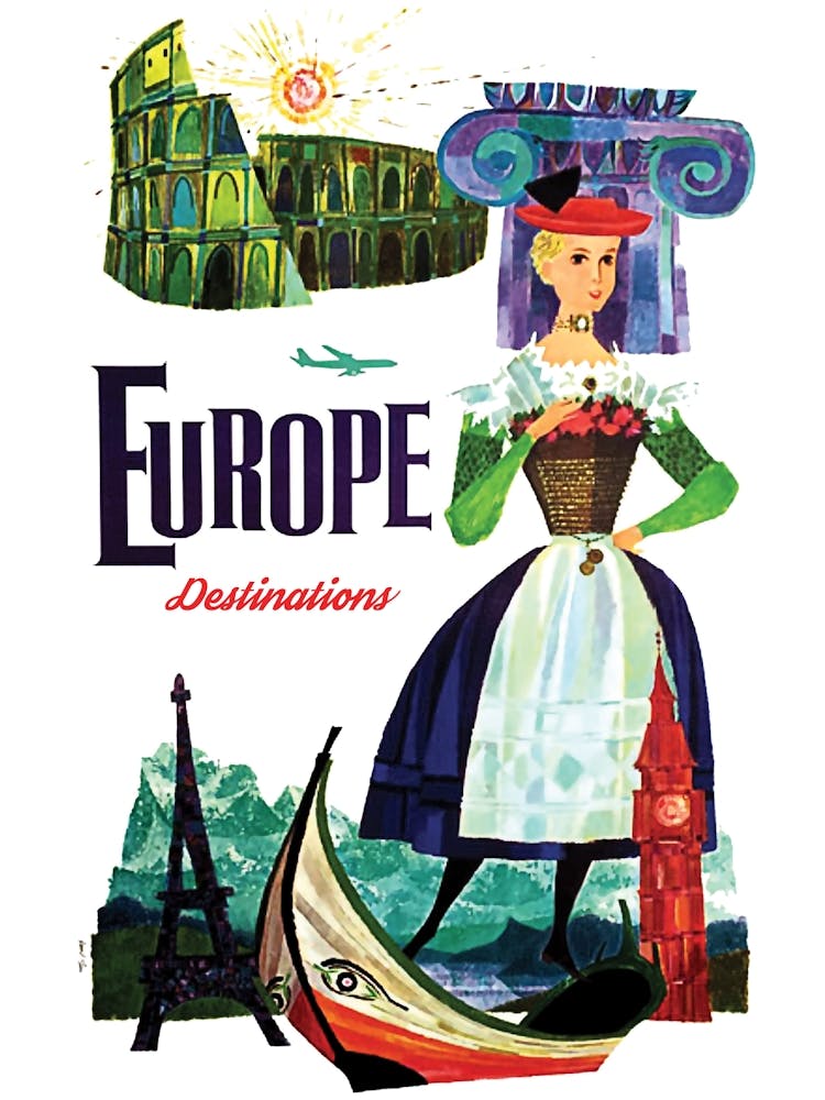 Destination Europe, Vintage Airline Poster