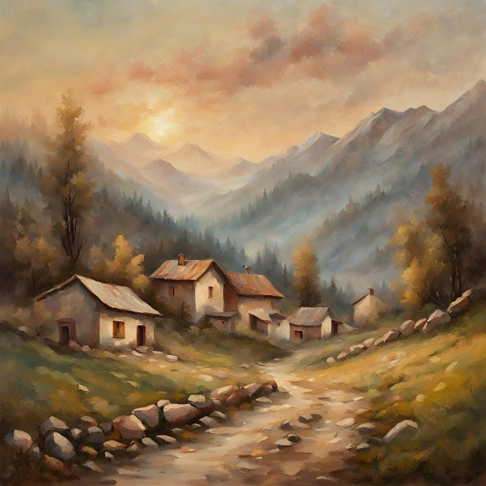 Vintage oil painting style soft colours peaceful sunrise mountain house square format