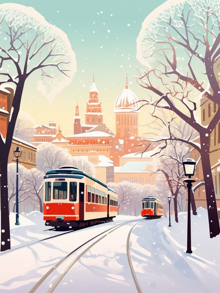 Vintage Winter Travel Illustration Budapest Hungary 1