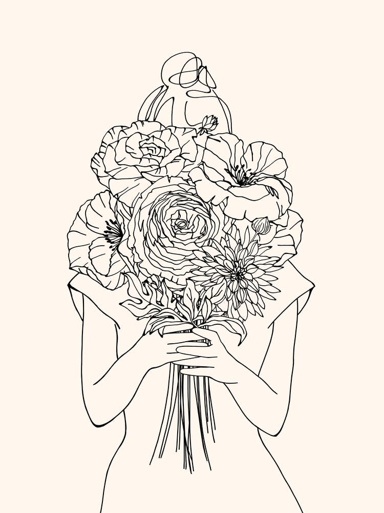 Woman With Flower Bouquet - line drawing