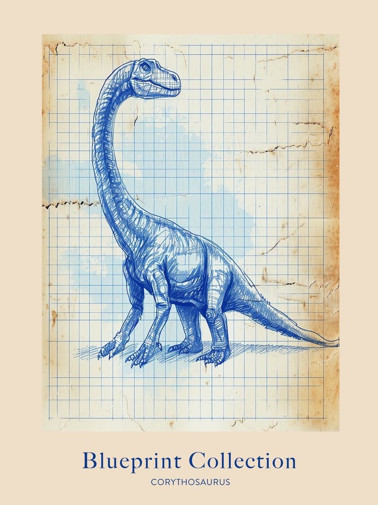 Corythosaurus Dinosaur Blue Print Sketch 3 Poster
