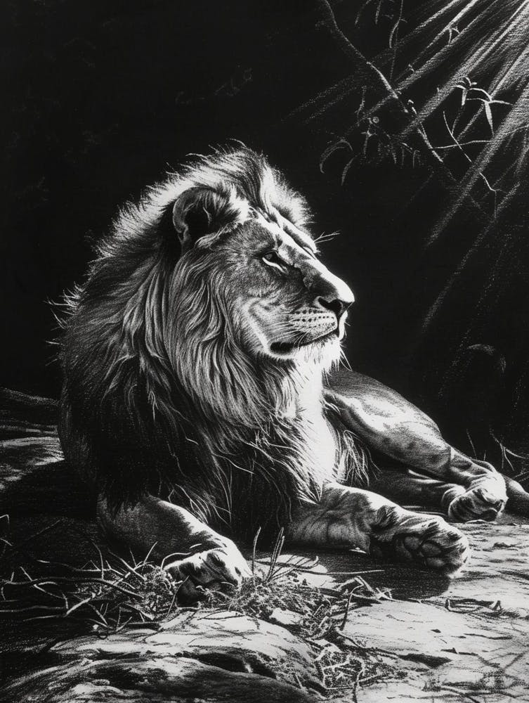Barbary Lion Charcoal Drawing Resting In The Sun 4
