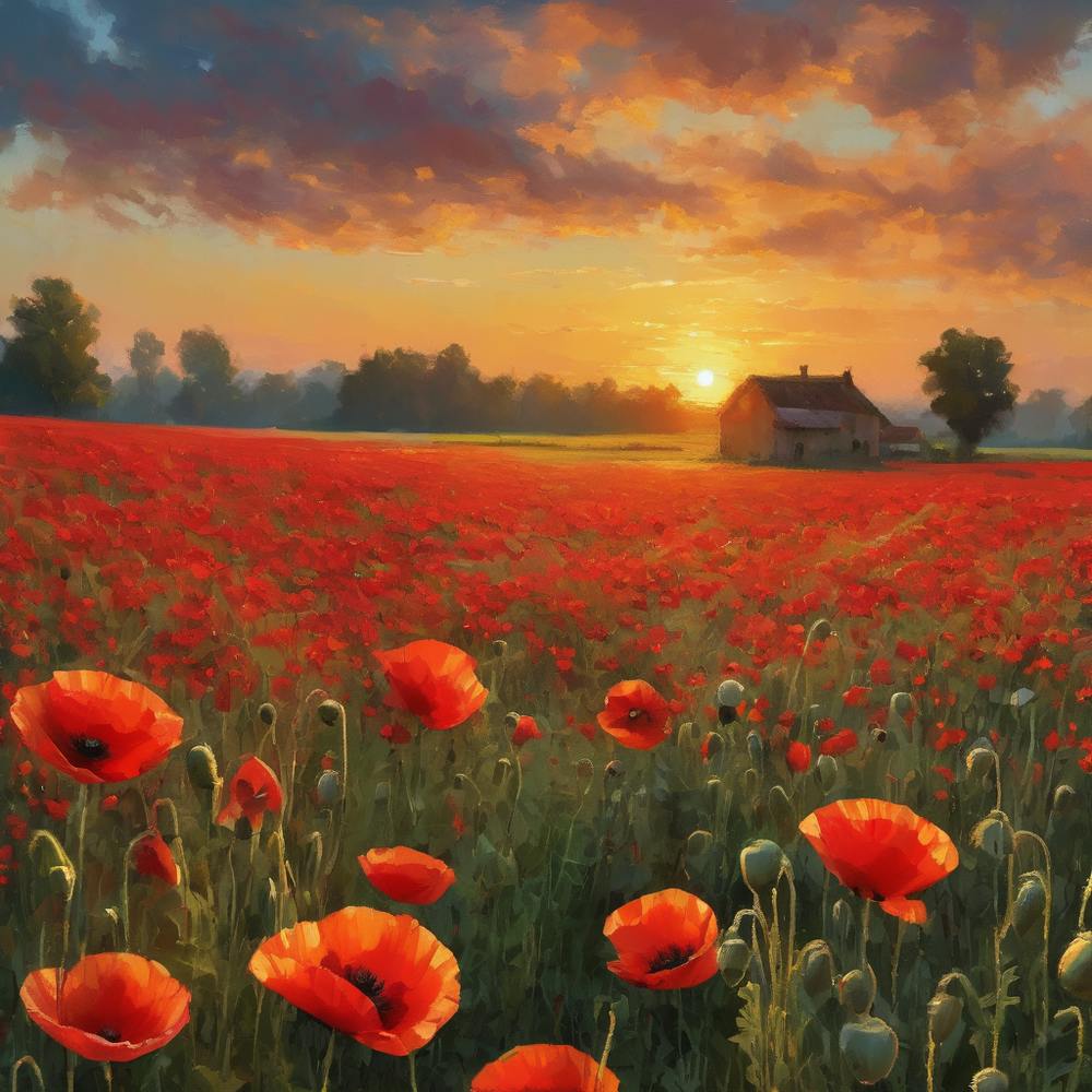 Früher Sonnenaufgang über Mohnfeldern