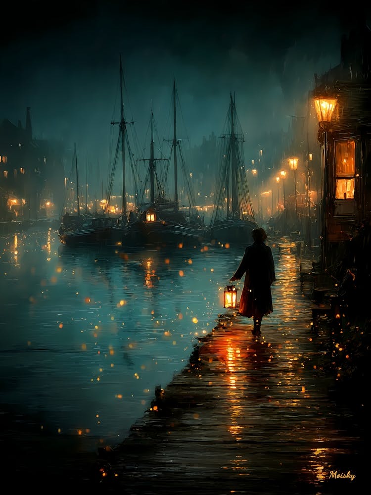 The Lantern Bearer by the Harbor, magical realism, fantasy art