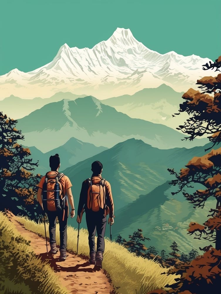 Poon Hill Trek Nepal 4 Vintage Travel Illustration