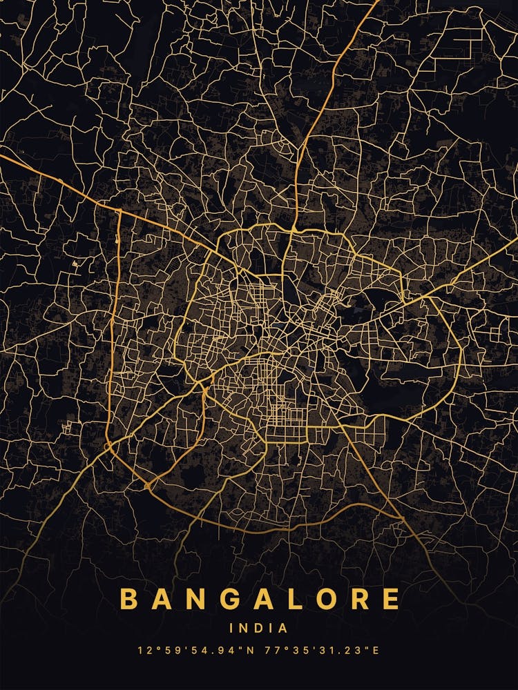Bangalore Bengaluru India Black And Gold Map