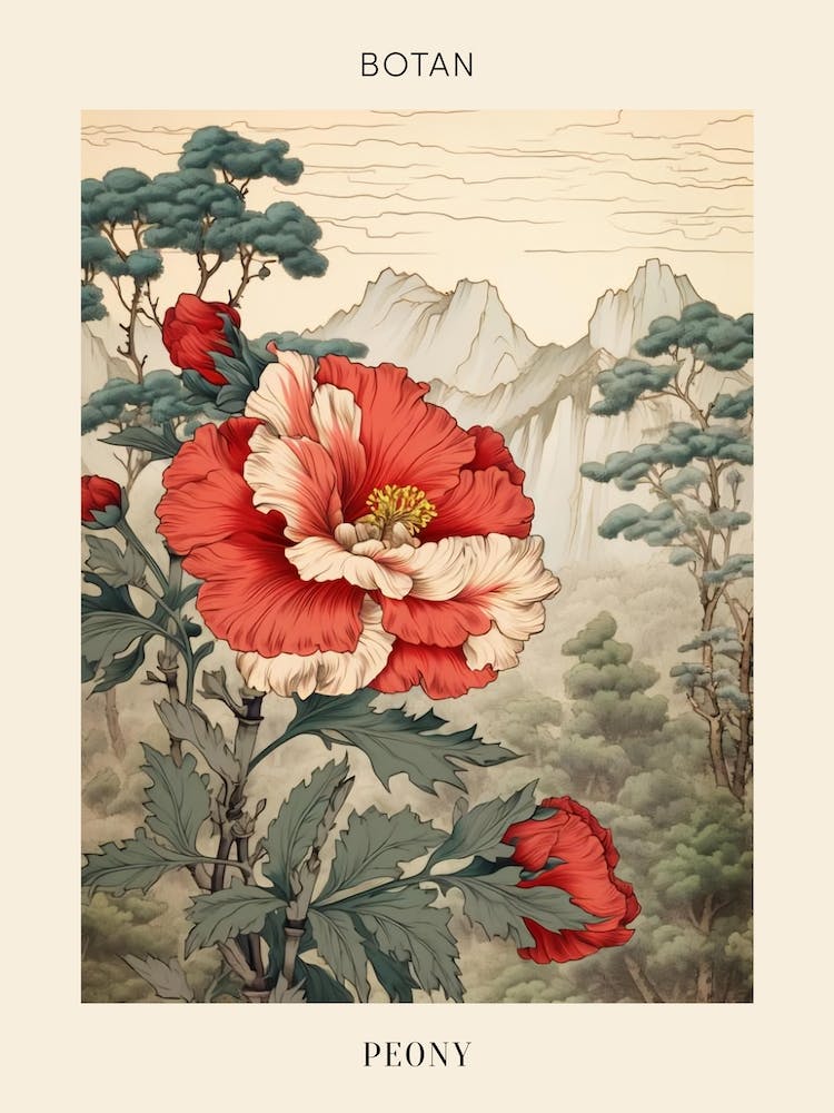 Botan Peony 3 Japanese Botanical Illustration Poster